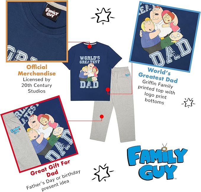 Men's Family Guy World's Greatest Dad Pjs Set Pajama X-Small - Large Family Guy Men's Pyjamas | World's Greatest Dad | Father's Day Gift