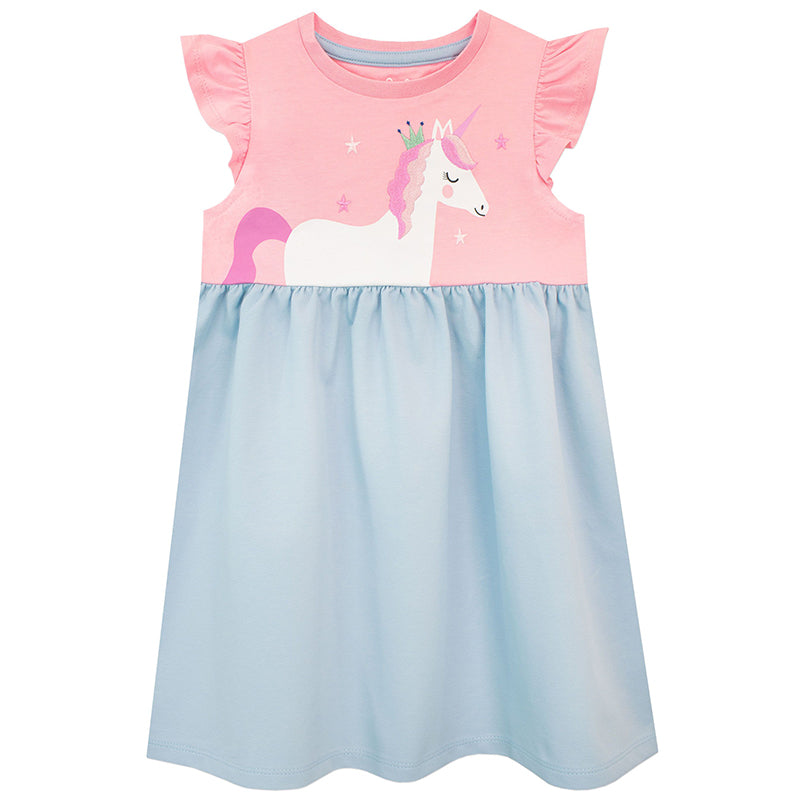 Girls Unicorn Princess Dress | Pink & Blue | Ruffle Sleeves | 2-3 & 6-7 Years