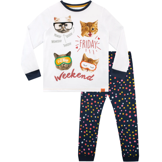 Girls' Cat Pyjama Set | Fun & Cozy Weekend Vibes | 12-13 Years