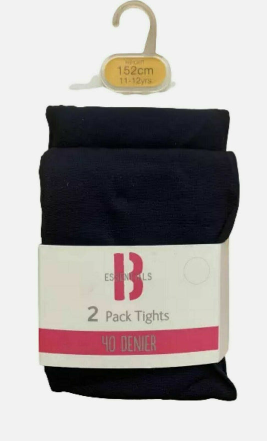 Girl's 2 Pack 40 Denier Navy Blue Tights Age 9-14 Years